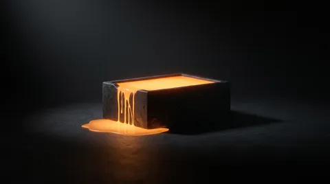 A dark stone basin brimming with glowing molten-orange light, overflowing down one edge in thin rivulets and pooling on the charcoal floor below. Faint circuit-board traces are etched into the basin's side.