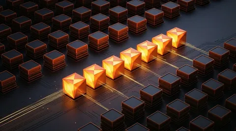 A row of identical glowing orange pyramidal shapes lined up across a grid of darker cubes.