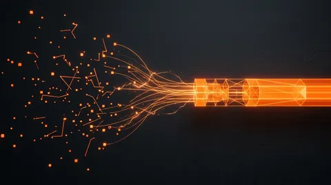 Glowing orange threads converging from a scatter of particles into a single luminous beam against a dark circuit-board backdrop.