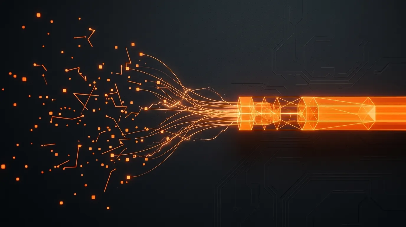 Glowing orange threads converging from a scatter of particles into a single luminous beam against a dark circuit-board backdrop.