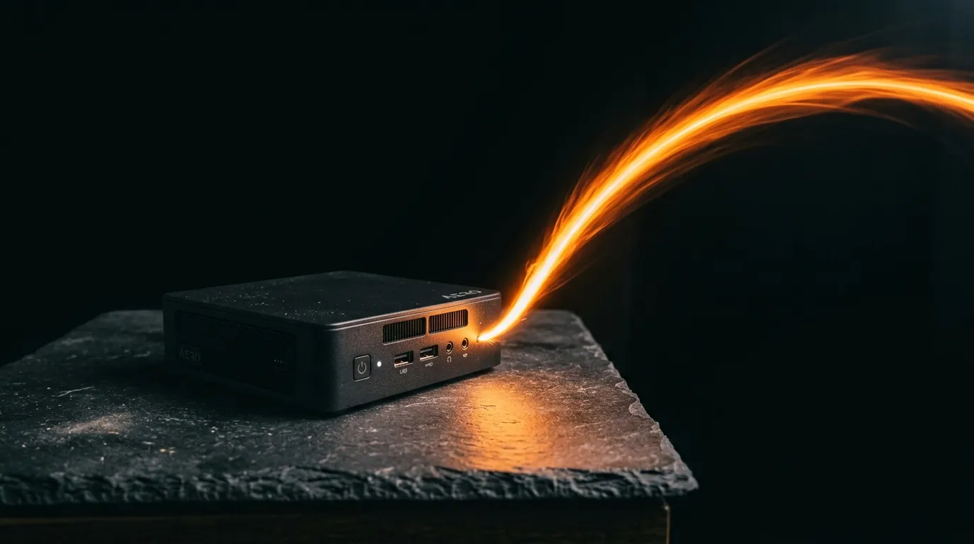 A small black mini PC sitting on a slab of dark slate against a near-black background, with a ribbon of glowing orange light streaming out of its front ports and arcing up and away to the right, casting an amber reflection on the stone.