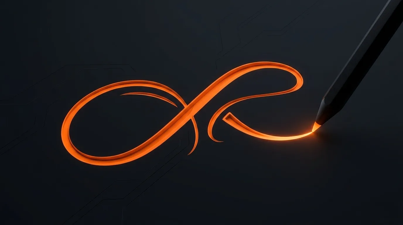 A black stylus drawing a flowing orange flourish across a dark surface marked with faint circuit-board patterns.