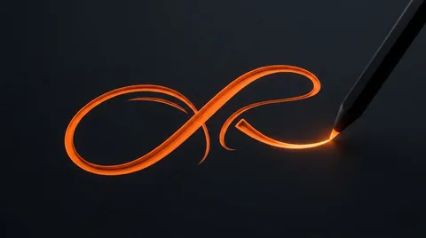 A black stylus drawing a flowing orange flourish across a dark surface marked with faint circuit-board patterns.