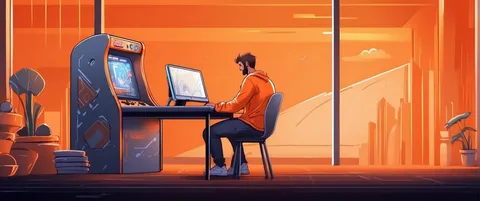 An illustrated developer at a workstation next to an arcade cabinet in an orange-lit room.