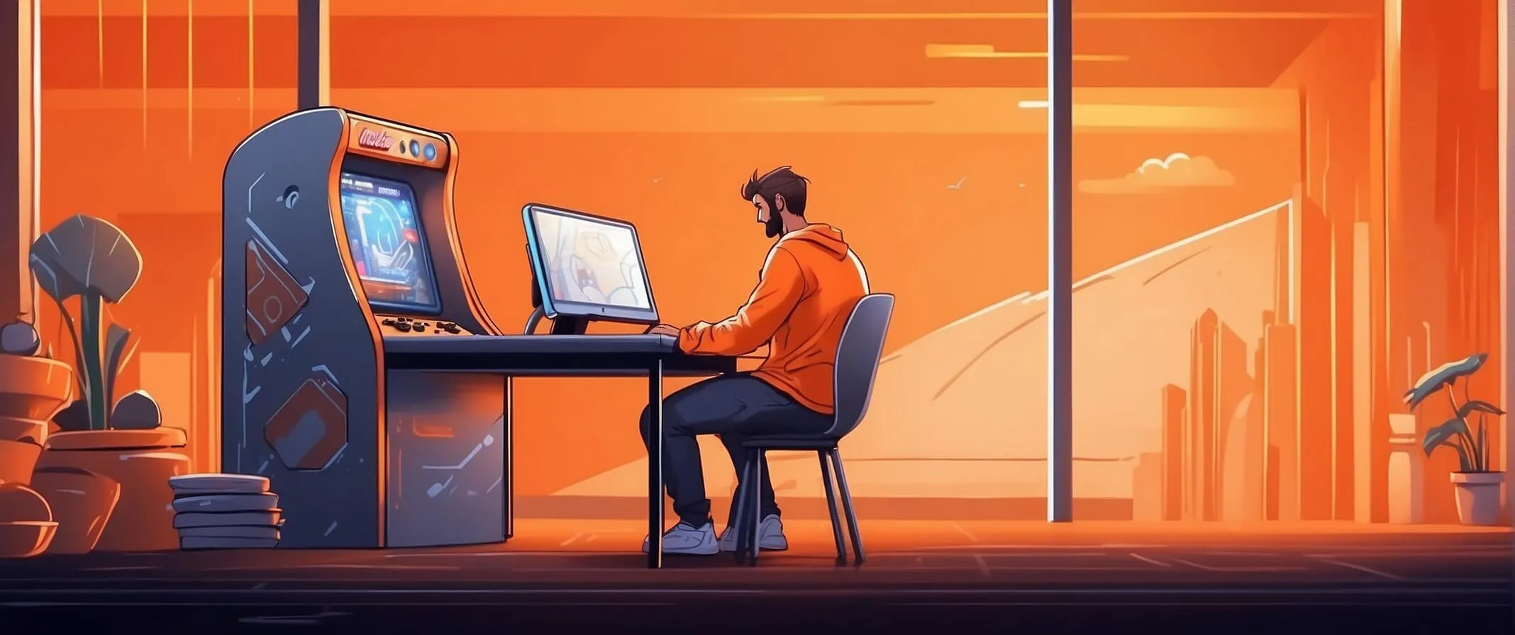 An illustrated developer at a workstation next to an arcade cabinet in an orange-lit room.