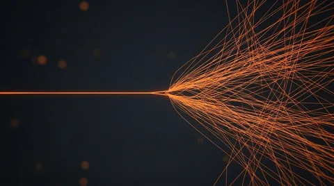 A single orange filament travels left-to-right across a dark backdrop, then fractures at a point into hundreds of fine divergent threads.