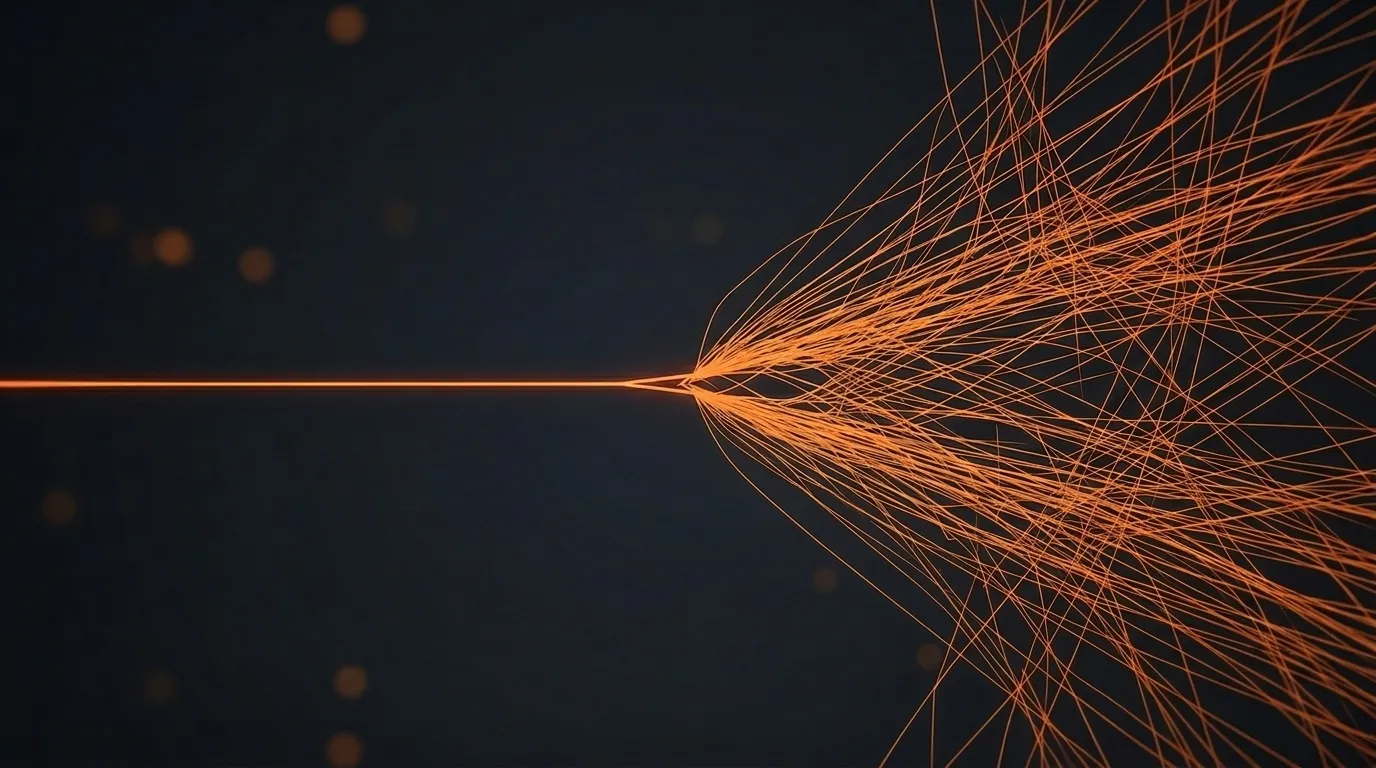 A single orange filament travels left-to-right across a dark backdrop, then fractures at a point into hundreds of fine divergent threads.