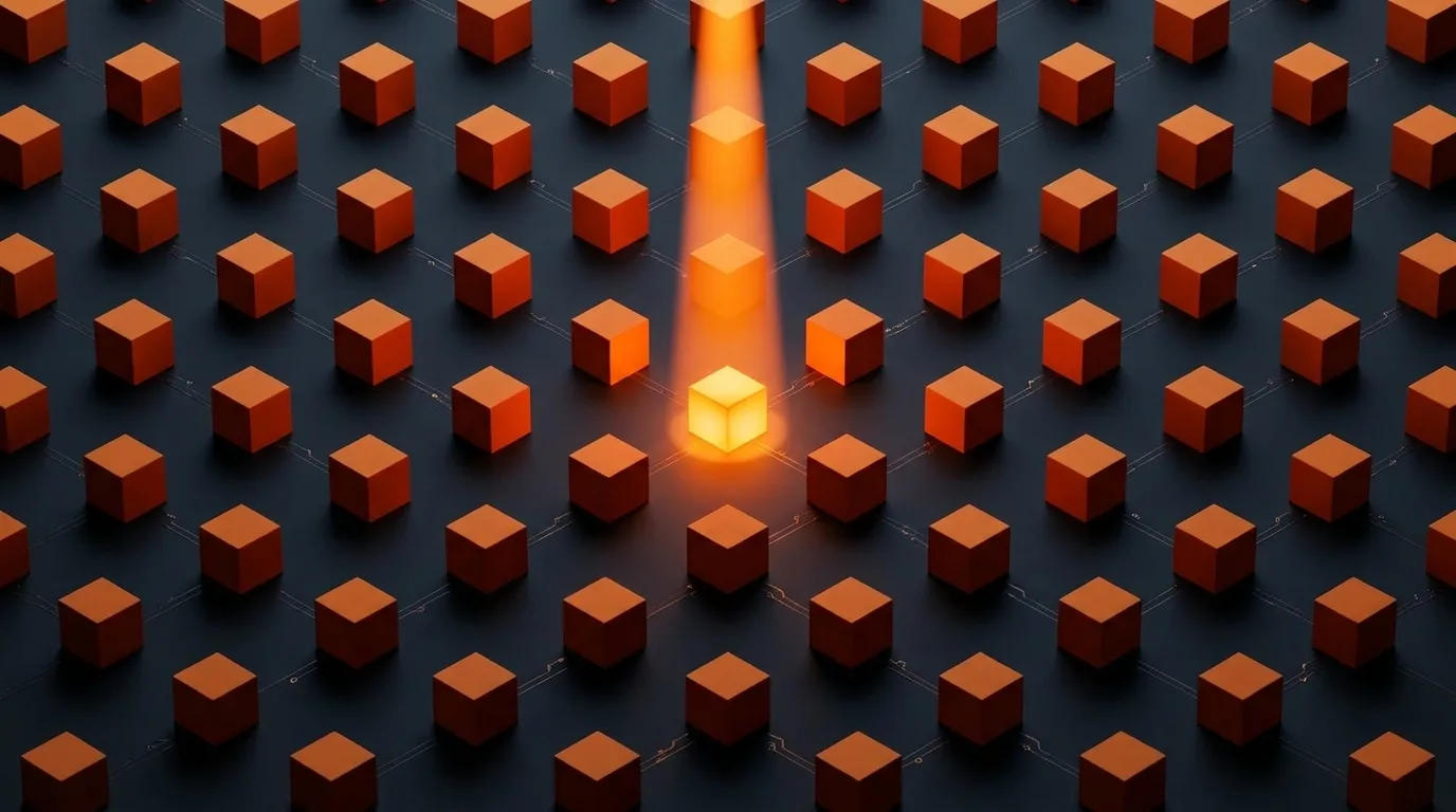A grid of dark orange cubes on charcoal, with the one at the centre glowing bright under a shaft of light — the only one lit.