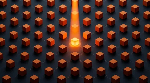 A grid of dark orange cubes on charcoal, with the one at the centre glowing bright under a shaft of light — the only one lit.