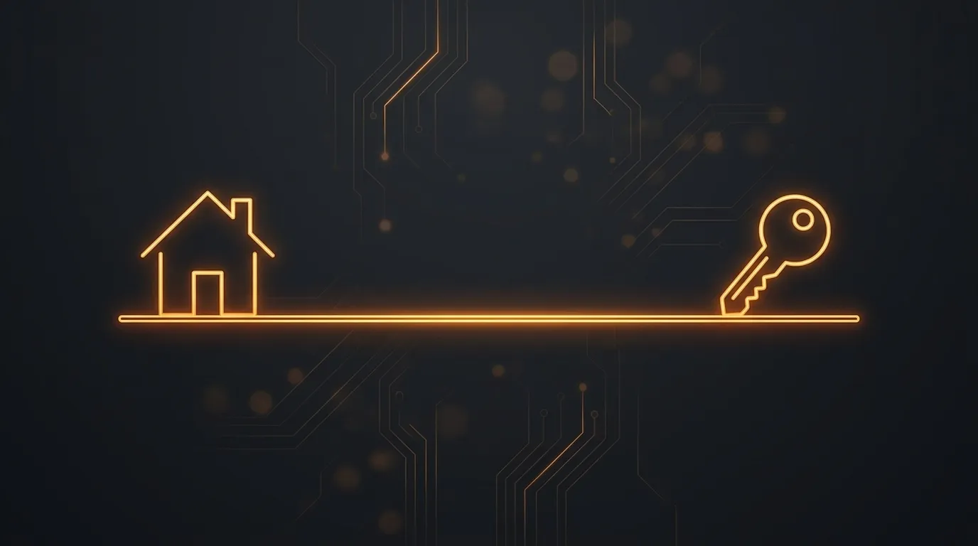 A glowing line-art house and a key balanced at opposite ends of a horizontal beam, on a dark circuit-board background.