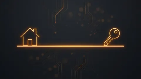A glowing line-art house and a key balanced at opposite ends of a horizontal beam, on a dark circuit-board background.