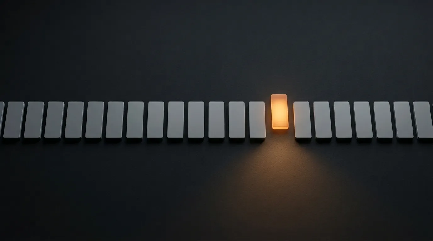 A long row of identical pale-grey upright tiles on a charcoal background, with a single tile in the centre glowing warm orange — the only one lit, casting an amber glow on the surface below it.