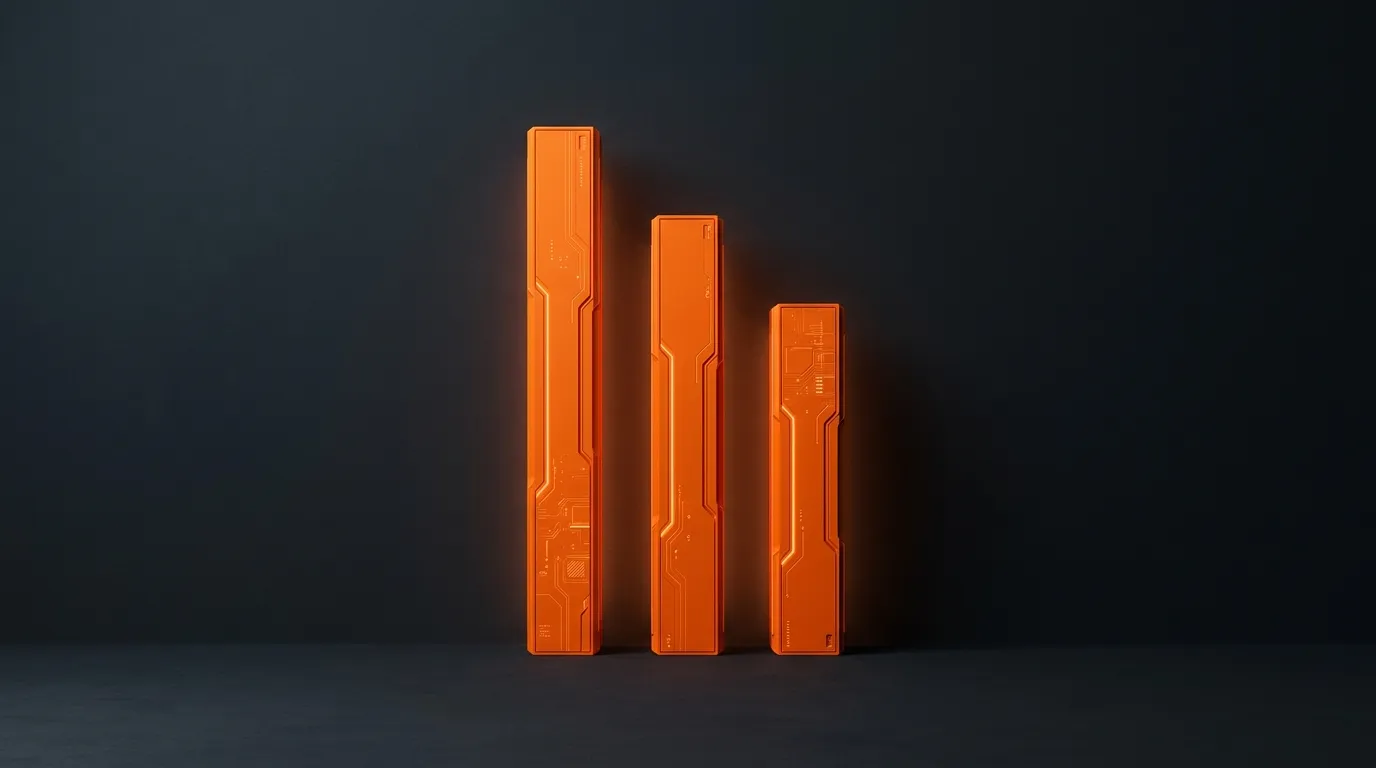 Three glowing orange bars of descending height, etched with faint circuit-board traces, standing against a dark charcoal background like a three-tier bar chart.