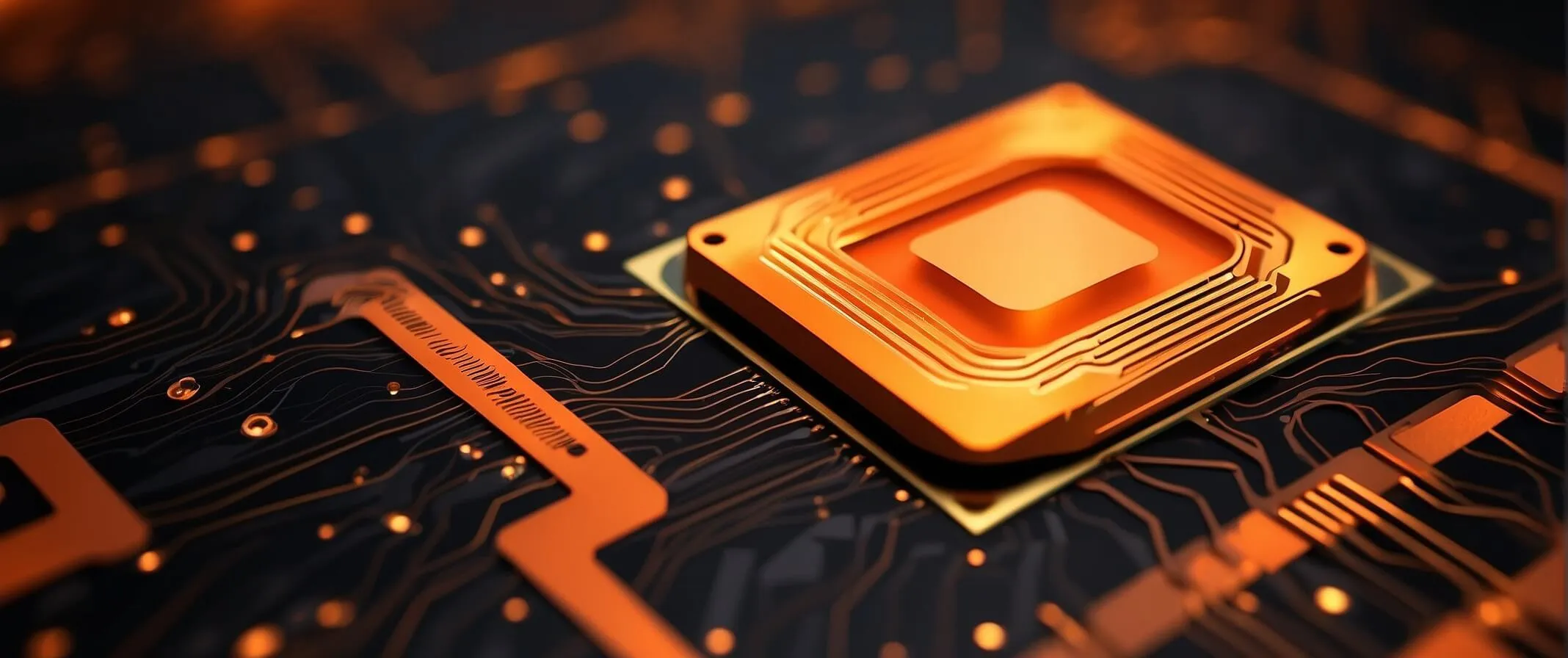 Close-up of an orange-glowing microchip seated on a dark circuit board.