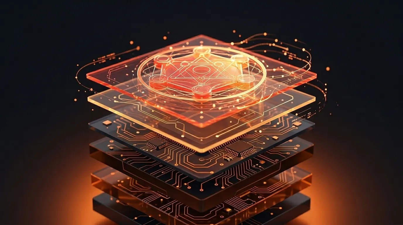 An exploded view of stacked translucent circuit boards, the top layer glowing orange with intricate traces.