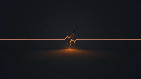 A single glowing orange line runs straight across a dark field, then splinters into jagged cracks at the centre, casting a faint glow beneath.