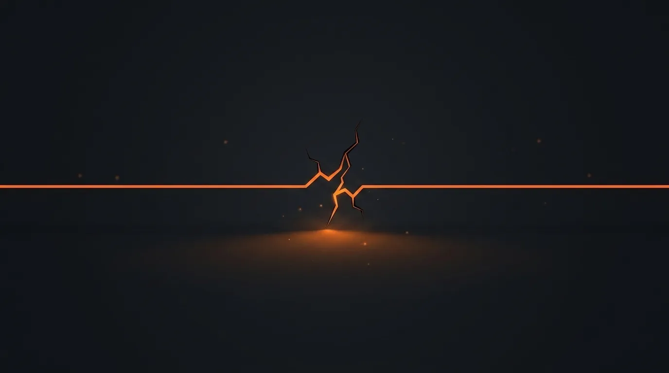 A single glowing orange line runs straight across a dark field, then splinters into jagged cracks at the centre, casting a faint glow beneath.